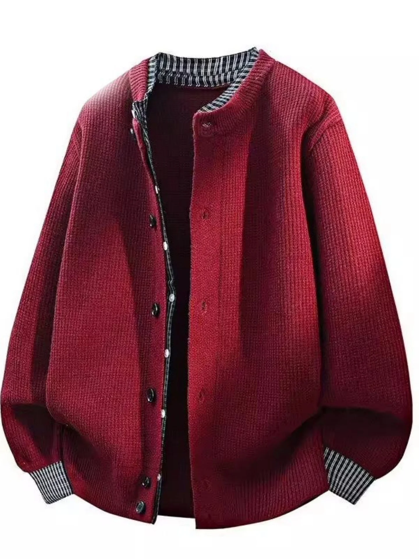 

Мужской кардиган-свитер свободного кроя цвета красного вина, осенне-зимний, с полосатыми вставками, вязаный,универсальный, свободный,