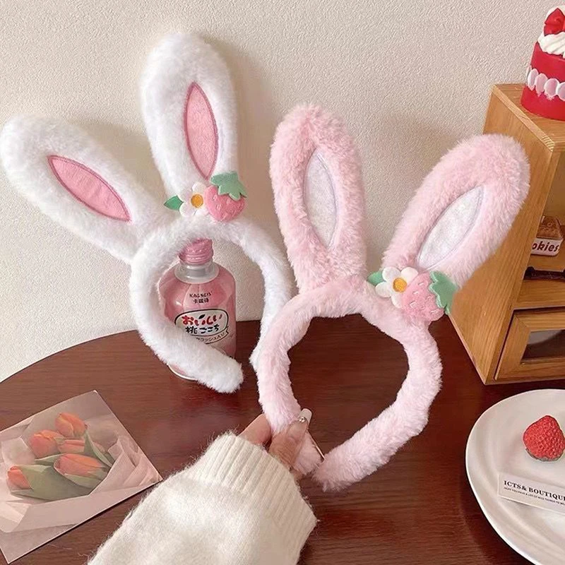 Creative Cartoon Plush Rabbit Ear Headband, Strawberry Flower Rabbit Ear Headband, Easter Happy Gift For Girls, Headband