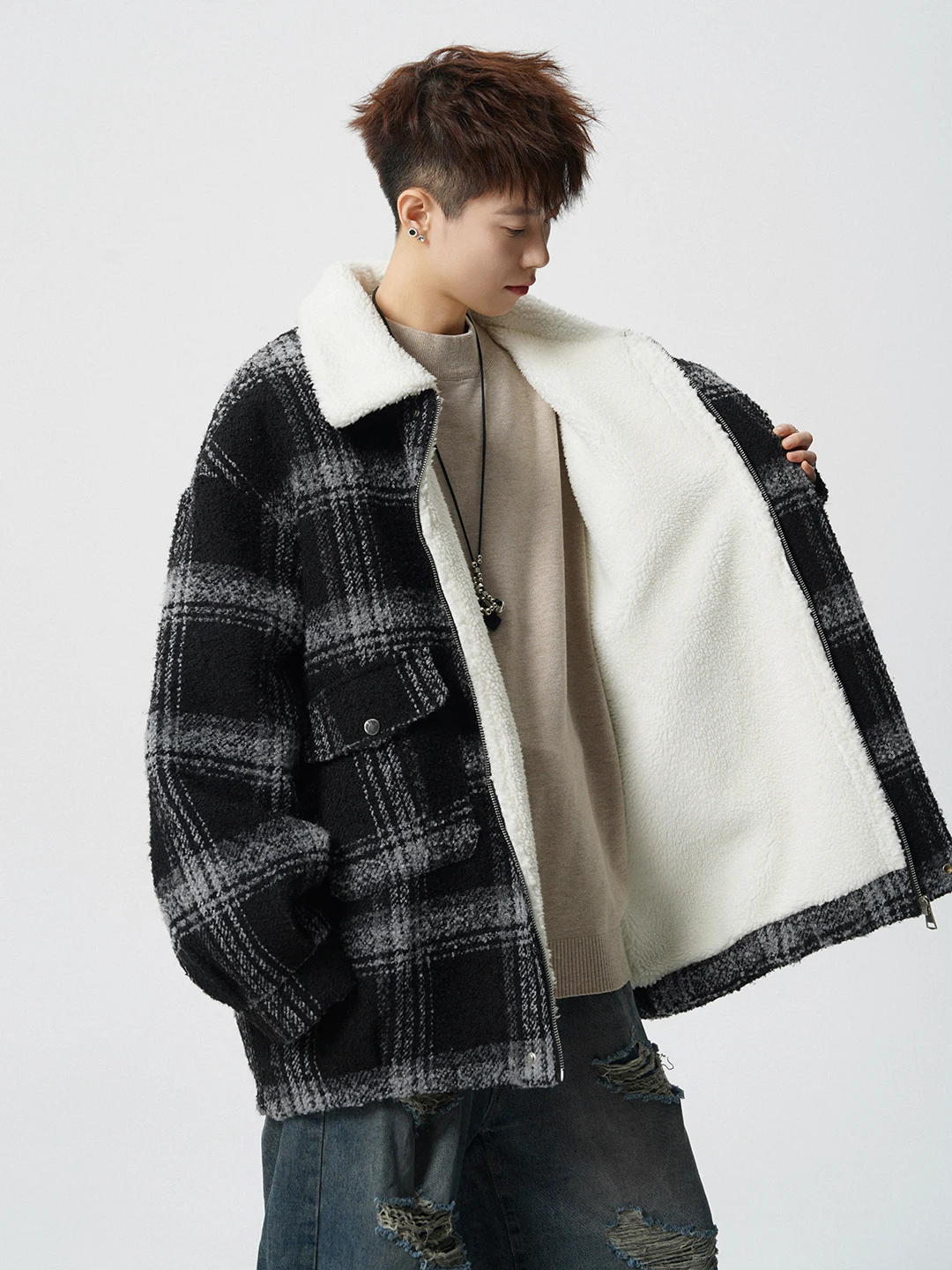 

Men's Plaid Lamb Velvet Cotton Jaet Winter Thi Warm American Retro Loose Collar Cotton Coat Trendy Long Sve Zipper Clo...