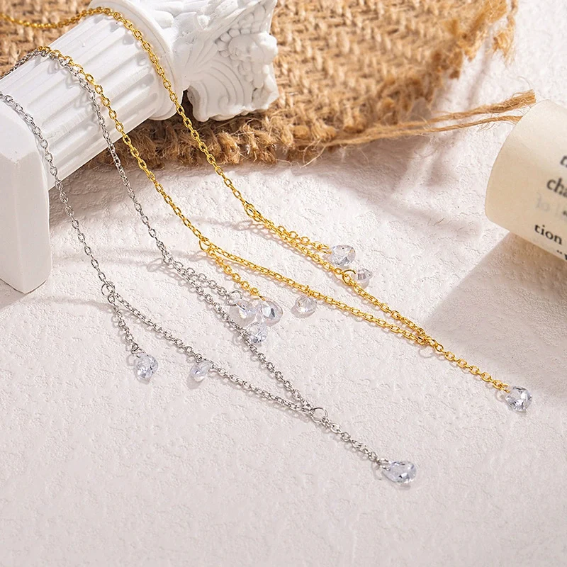 New Sparkling Zircon Water Droplet Tassel Necklace Simple Versatile Collarbone Chain Exquisite 925 Silver Necklaces for Women
