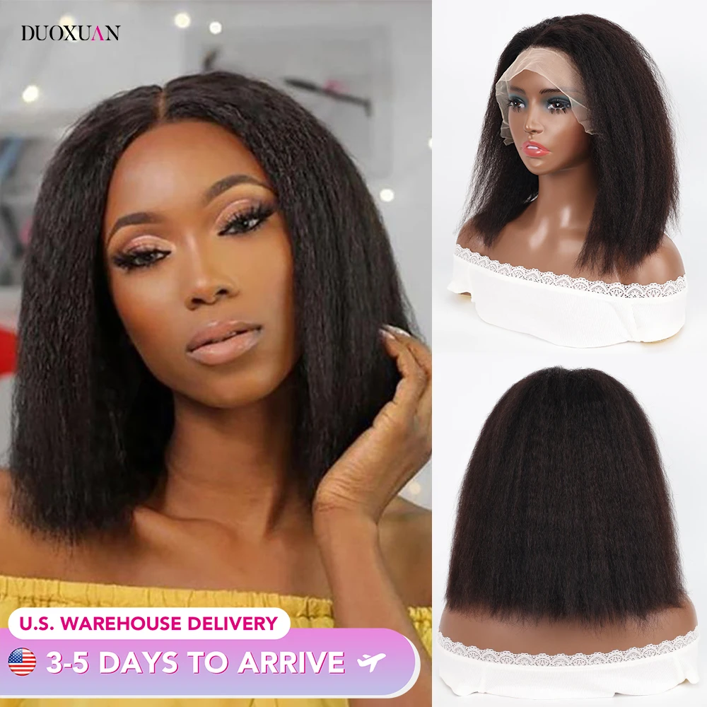 100% Real Human Hair Wigs Kinky-Straight Bob Wig Transparent Lace Pre Plucked 13x4 Natural Black Color Wig 14 Inch Bob Wigs