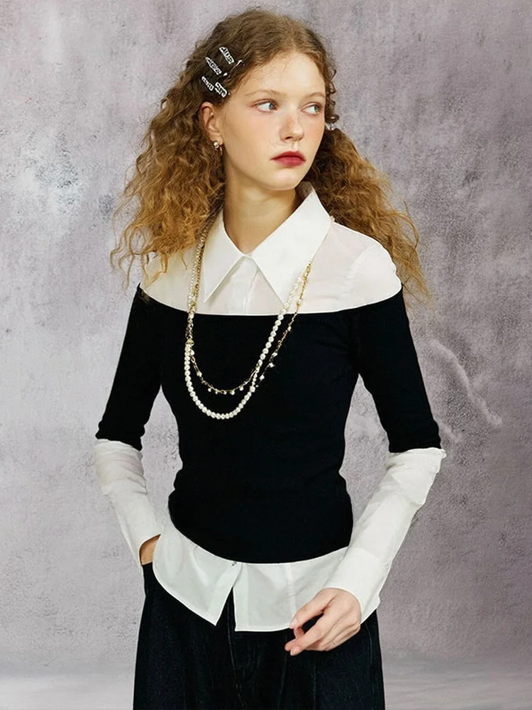 

Женская рубашка ZhuoZhi Весна 2026 с воротником, длинным рукавом, приталенная, с цветными вставками, с эффектом двухслойности, дышащая, повседневная