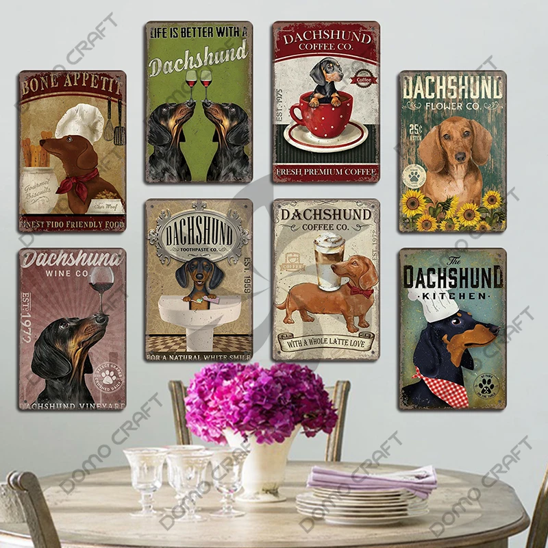 Cute Pet Dogs Poster Metal Tin Signs Vintage Bulldog Dachshund Metal Plaque Wall Art Decor for Coffee Shop Kitchen Garden Home