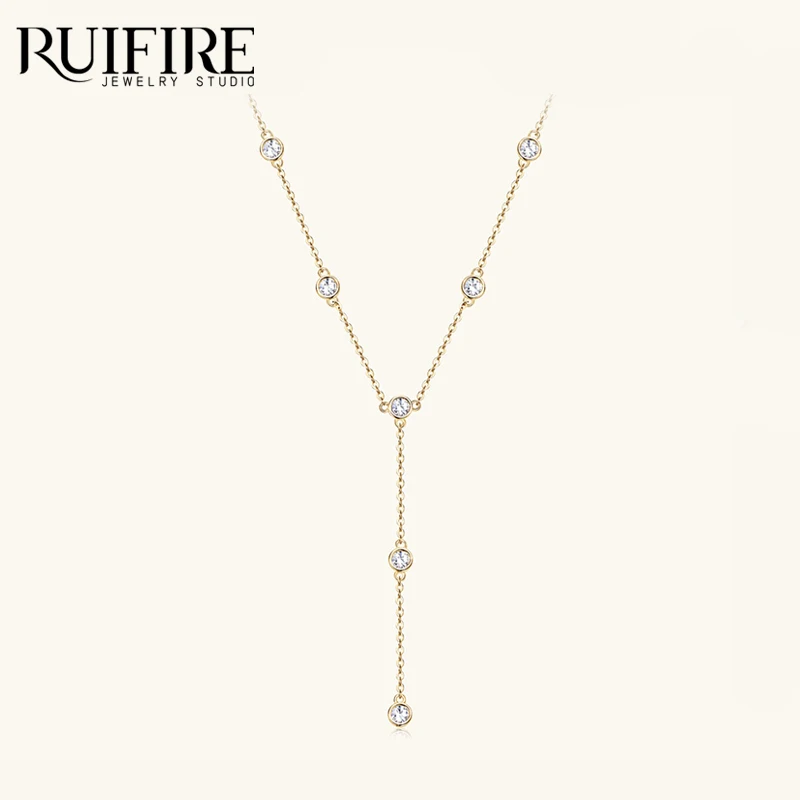 

RUIFIRE 14K Gold Plated S925 Sterling Silver Y Shaped Moissanite Necklace Double Round Pendant Chain Necklaces For Jewelry Gift