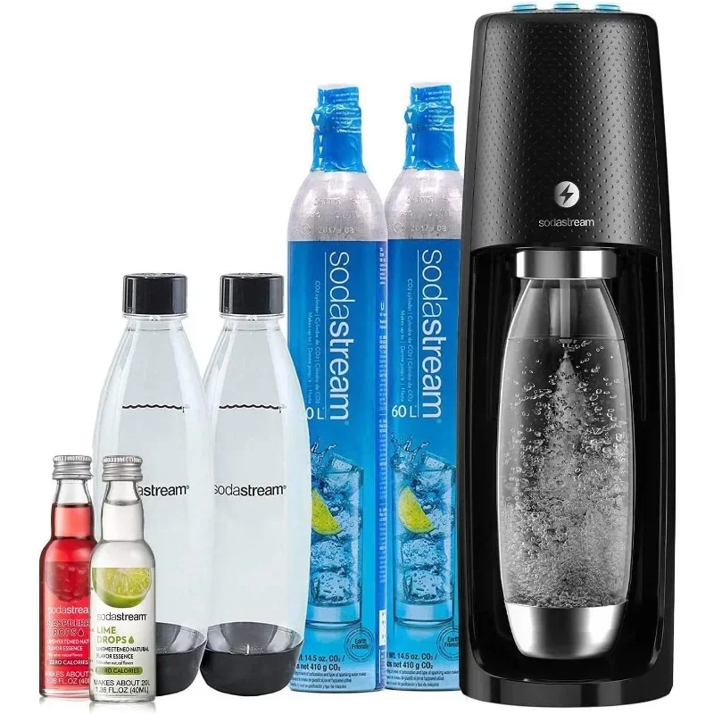 SodaStream One Touch Electric Sparkling Water Maker Bundle (Black) with CO2, BPA free Bottles, and 0 Calorie Fruit Drops Flavors