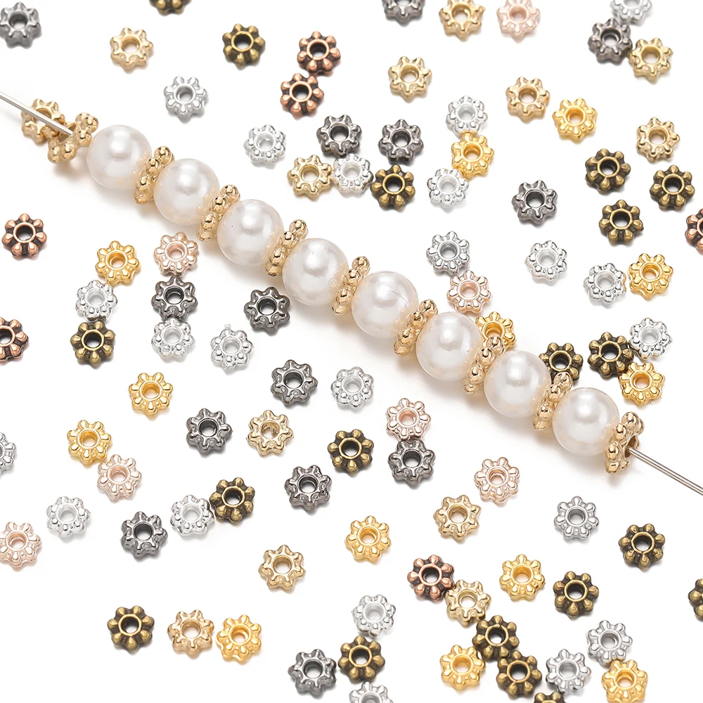 200Pcs 4/6mm Alloy Snowflake Bead Flower Spacer Loose Beads for DIY Bracelet Necklace Jewelry Making Accessories Supplies