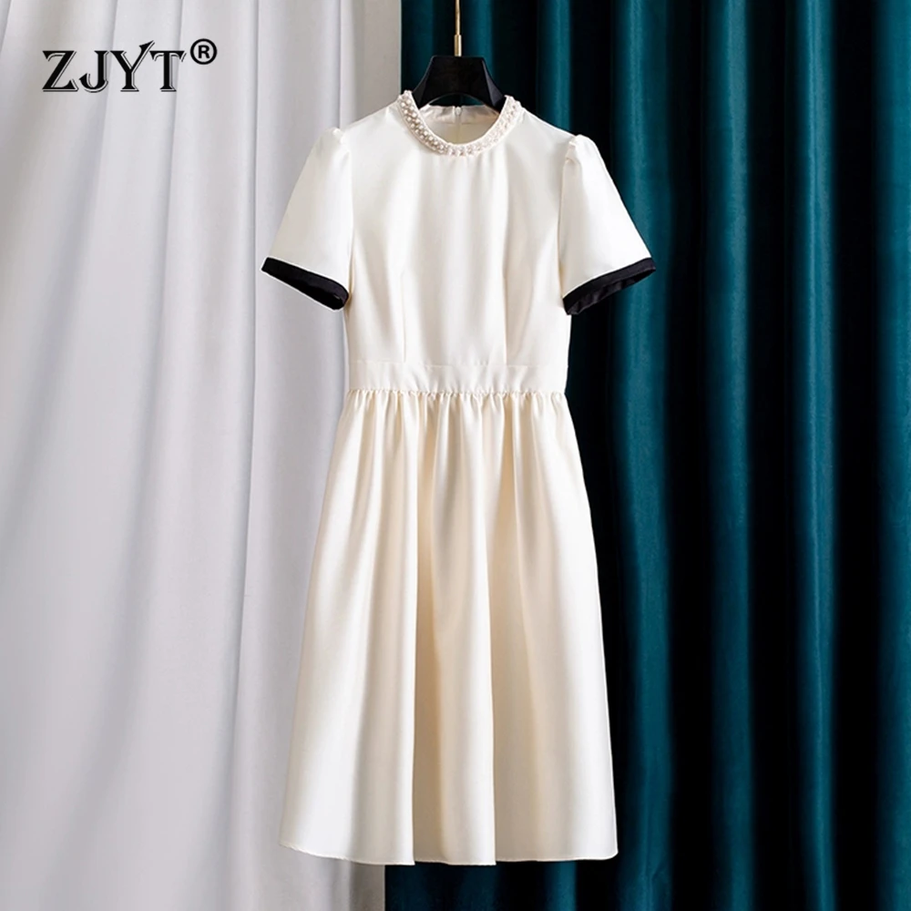 

ZJYT Summer Elegant Pearl O-Neck Dress for Women Short Sleeve Hit Block White Black A-Line Party Dress Fashion 2025 New Clothes