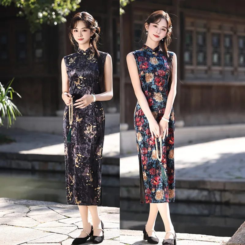 

Бархатное ретро-платье-ципао без рукавов для женщин, весенний китайский стиль, старинный шанхайский чипао