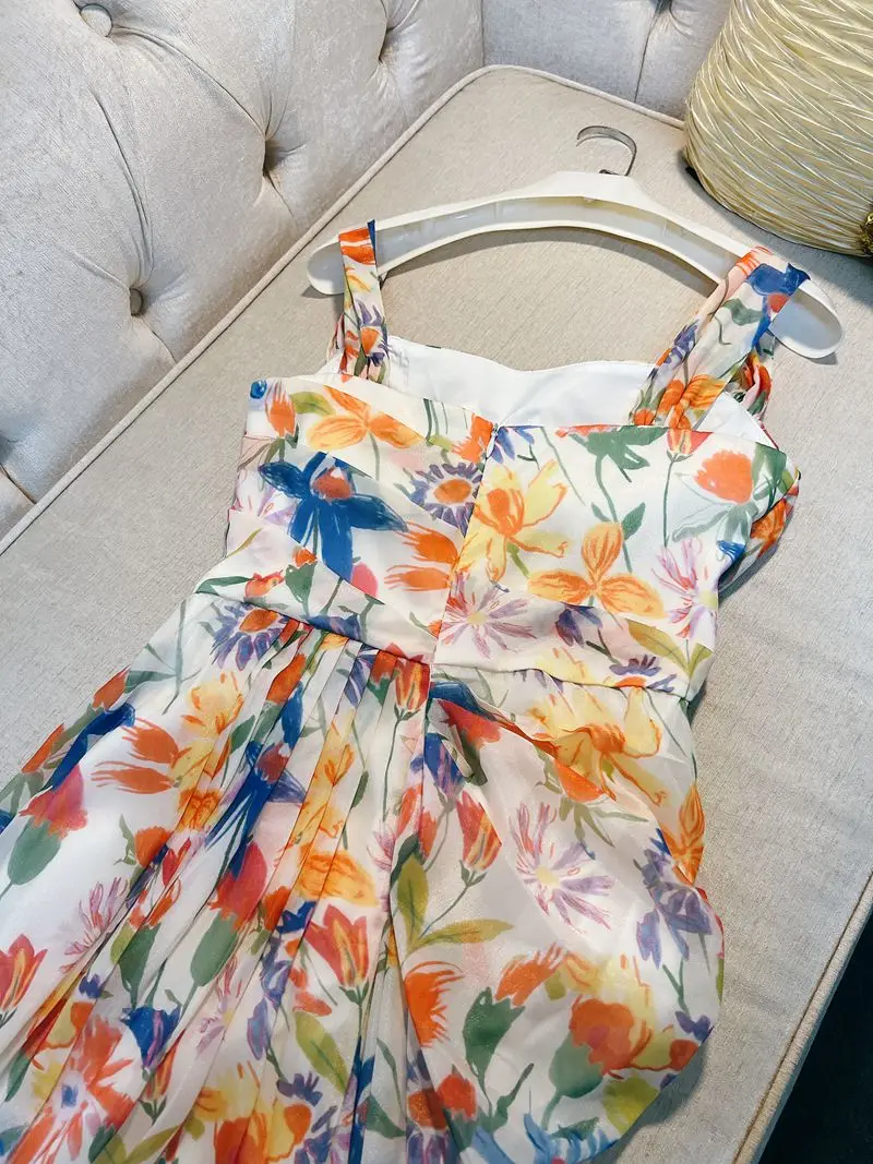 Vacay Stripe Print Cinched Waist Chiffon Floral-Embroidered Strapl Maxi Dr for Women Summer 2024 High-Waisted Fi Sc