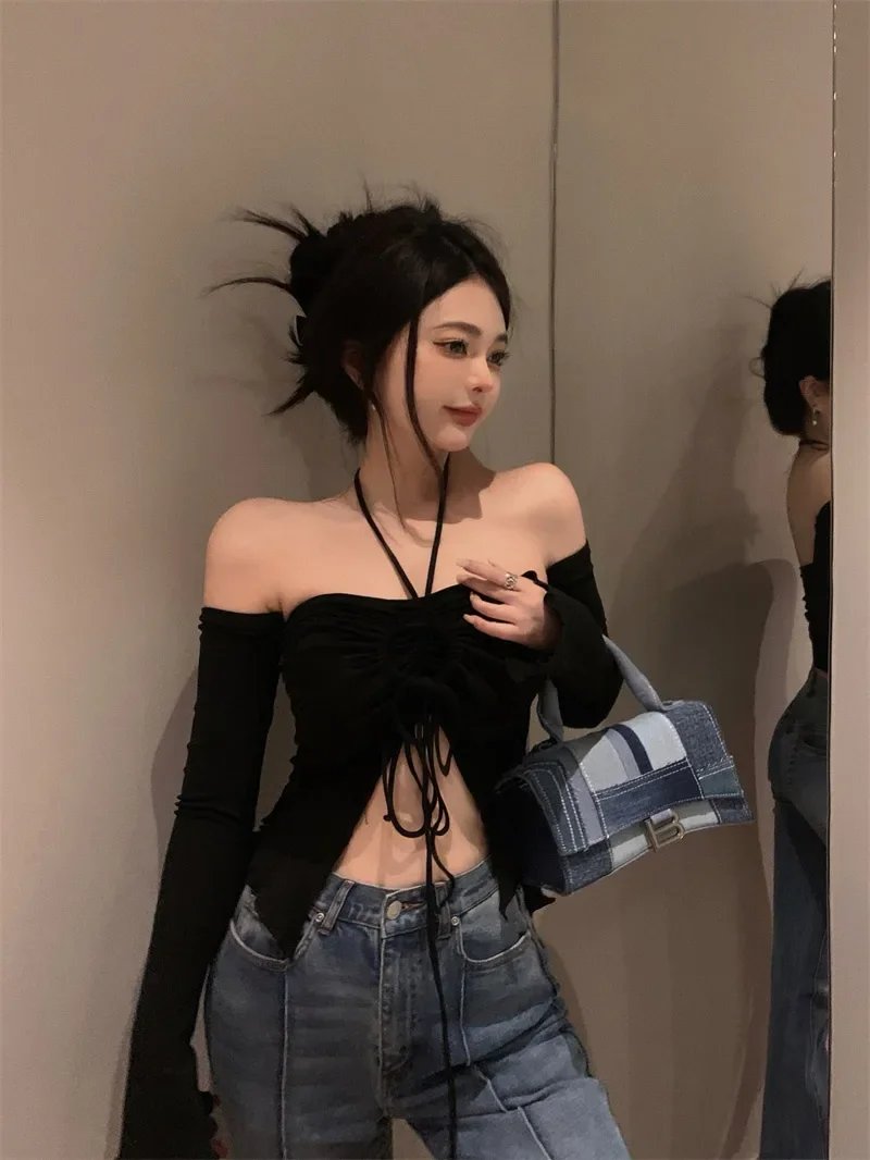 Charming Women Sexy Crop Tops Women Halter Neck Tops with Sleeves Solid Color Pleated Tie Up Drawstring Summer Slim Fit Shirt