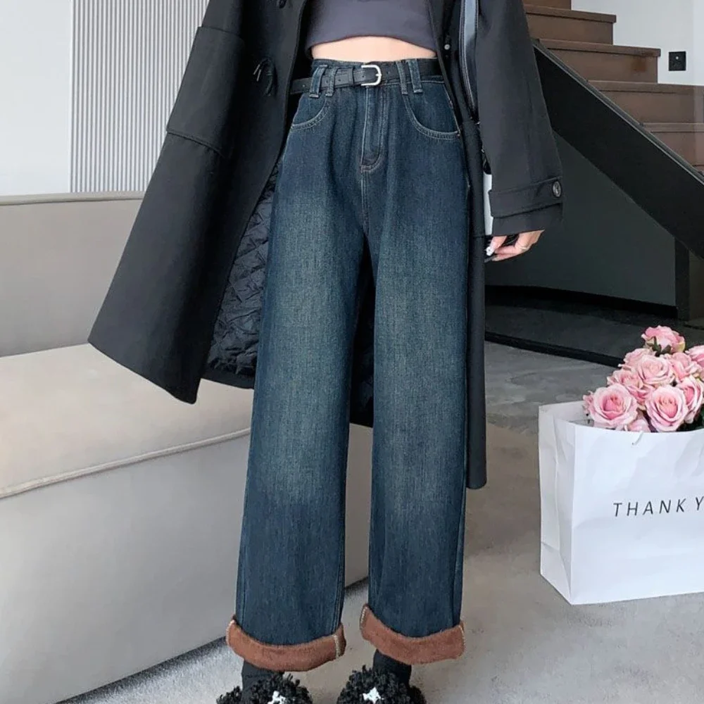 

Female Denim Pants Straight Leg Trousers Fleece-lined High Waist Shot Blue Women's Jeans Winter Thermal Warm Vibrant Aesthetic R