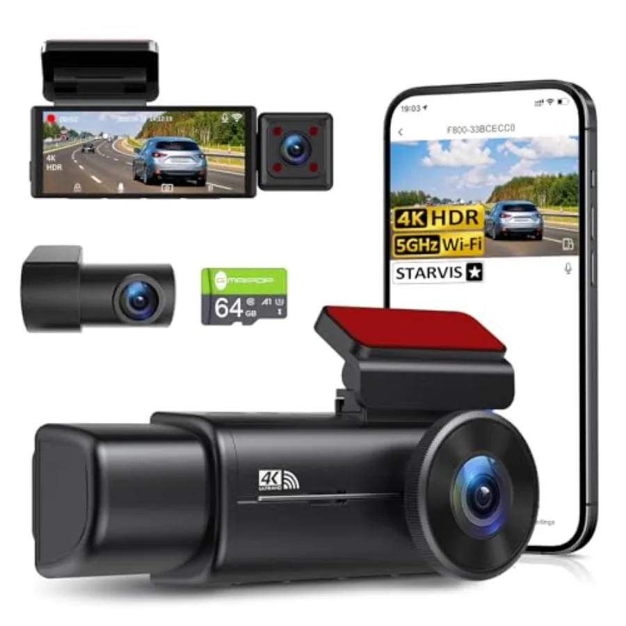 

4K 3-channel dash cam for car use, black ABS plastic, black color, STARVIS sensor with IR night vision, HDR, 24H parking mode,