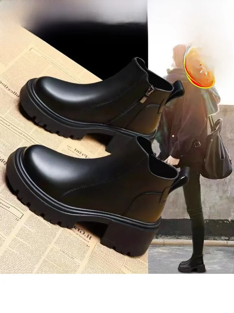 

Leather Boots Women's Casual Thi Bot ort Boots Briti Sle Autumn Winter New Faion Versatile Comfortable Ru...