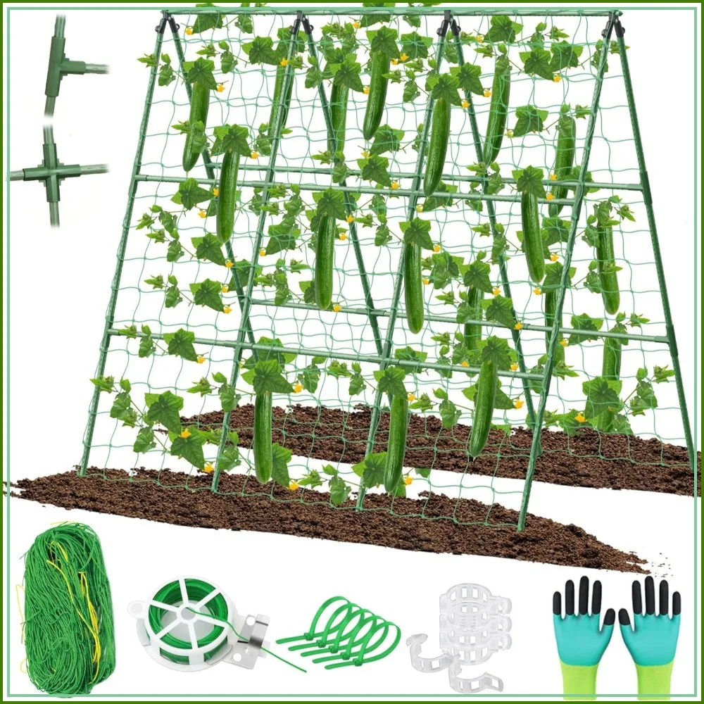 Adjustable A-Frame Cucumber Trellis for Raised Beds, 45x53 Inch with Net & Clips for Climbing Plants