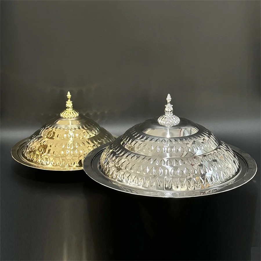 

1 шт. Крышка-декоративная тарелка из нержавеющей стали в форме капли воды, с ретро-тайским принтом и крышкой, тарелка для фруктов, круглая тарелка, тайская тарелка для подачи блюд.