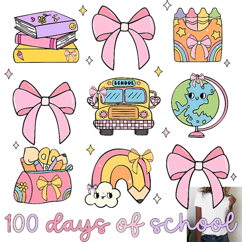 Cute School - Style Heat Transfer White Ink Iron - on with Bows, Books, School Bus & Rainbow, for T - Shirts, Canvas Bags, 100