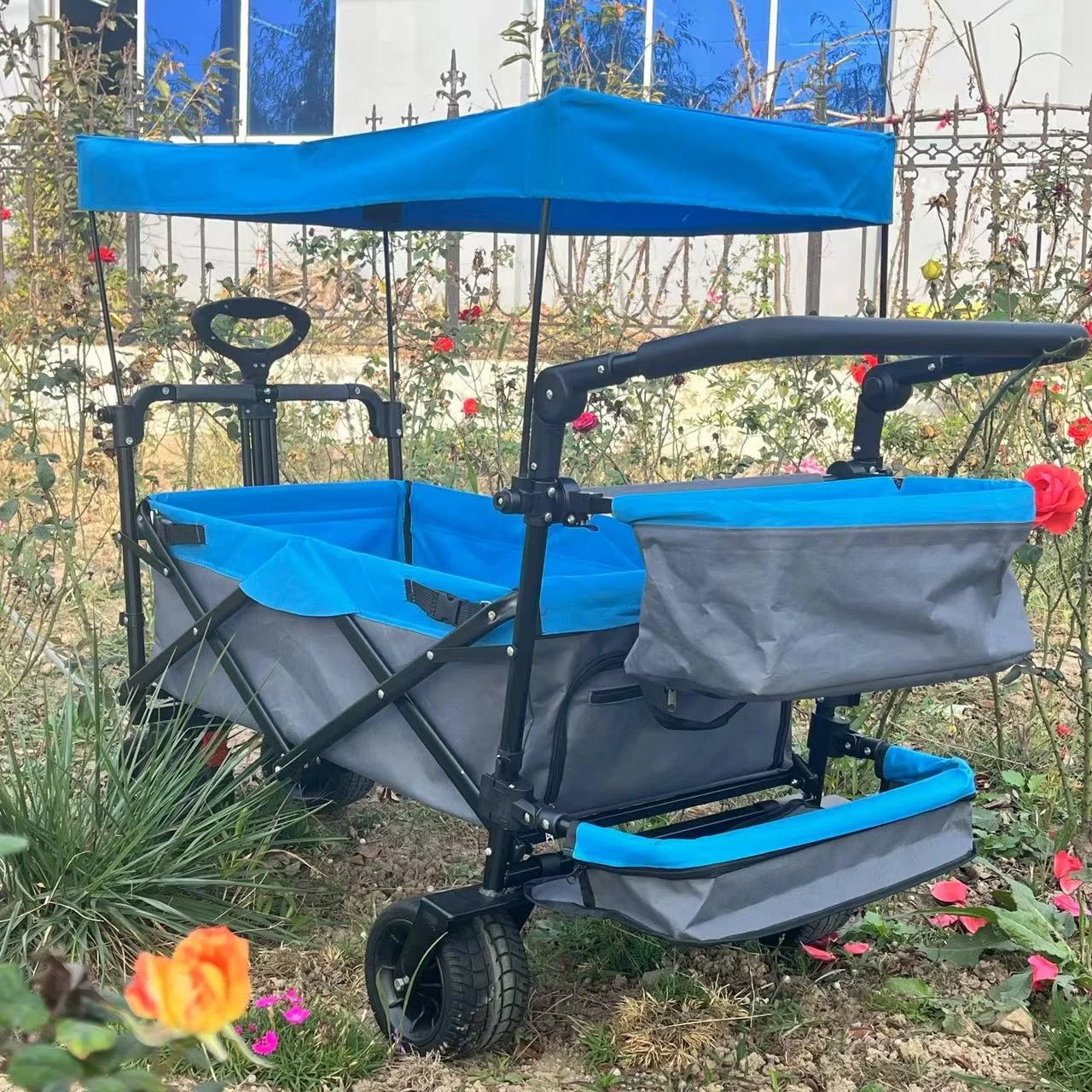 Vagão dobrável para crianças com dossel removível, carrinho de transporte dobrável versátil para passeios familiares
