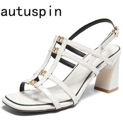 AUTUSPIN Fashion Women Block High Heels Sandals PU Leather Comfort Gladiator Shoes Female Summer Basic Breathable Sandal Woman