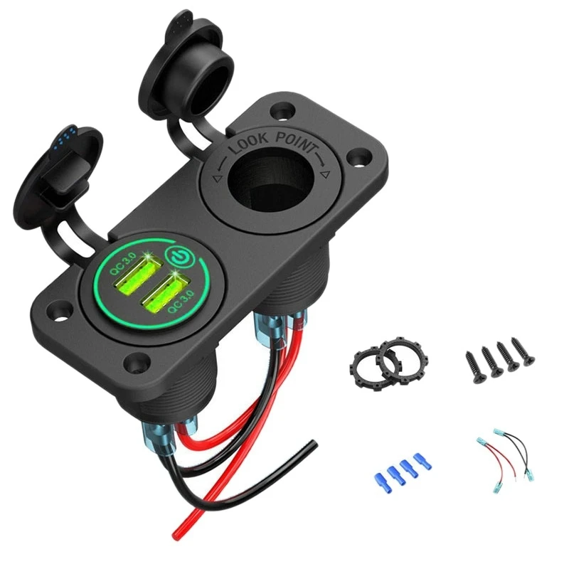 QC 3.0 Dual USB Car C-Igarette Lighter Socket 12V Fast With Contact Switch For Boat Motorcycle Truck