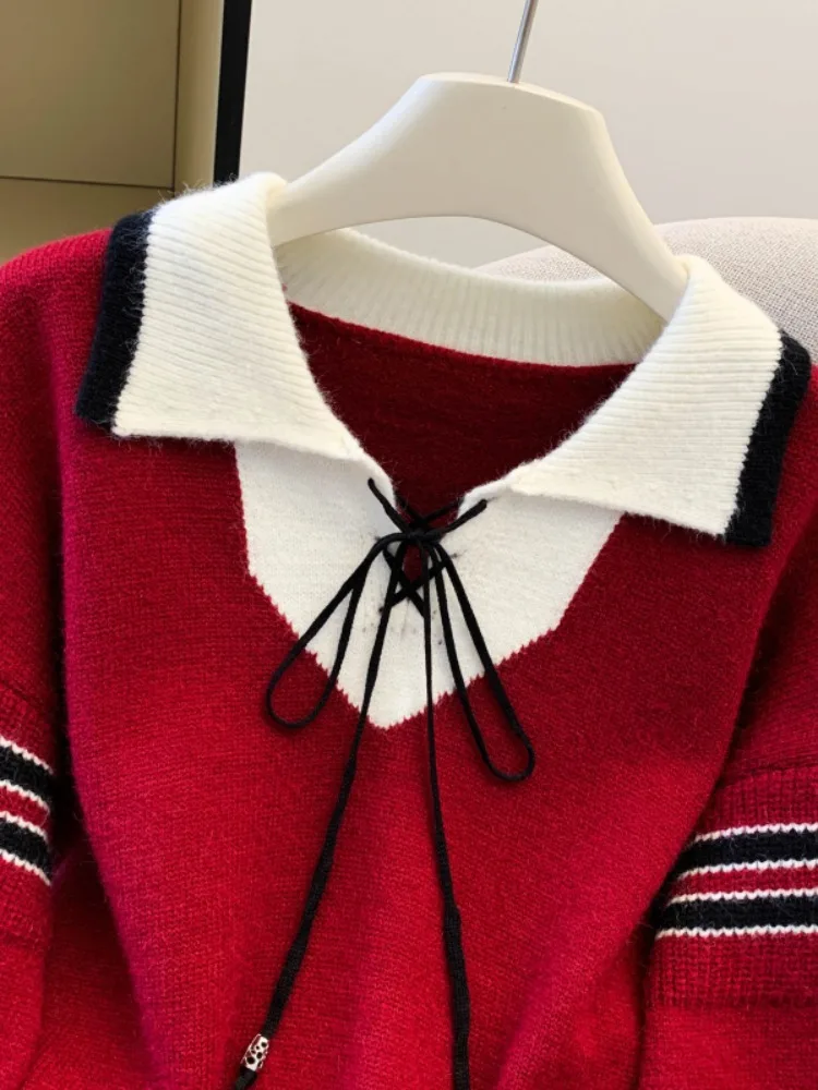 فضفاضة تناسب اللون بلو تريكو طوق وهمية قطعتين المرأة سترة الخريف جديد Sle كلية Sle محبوك