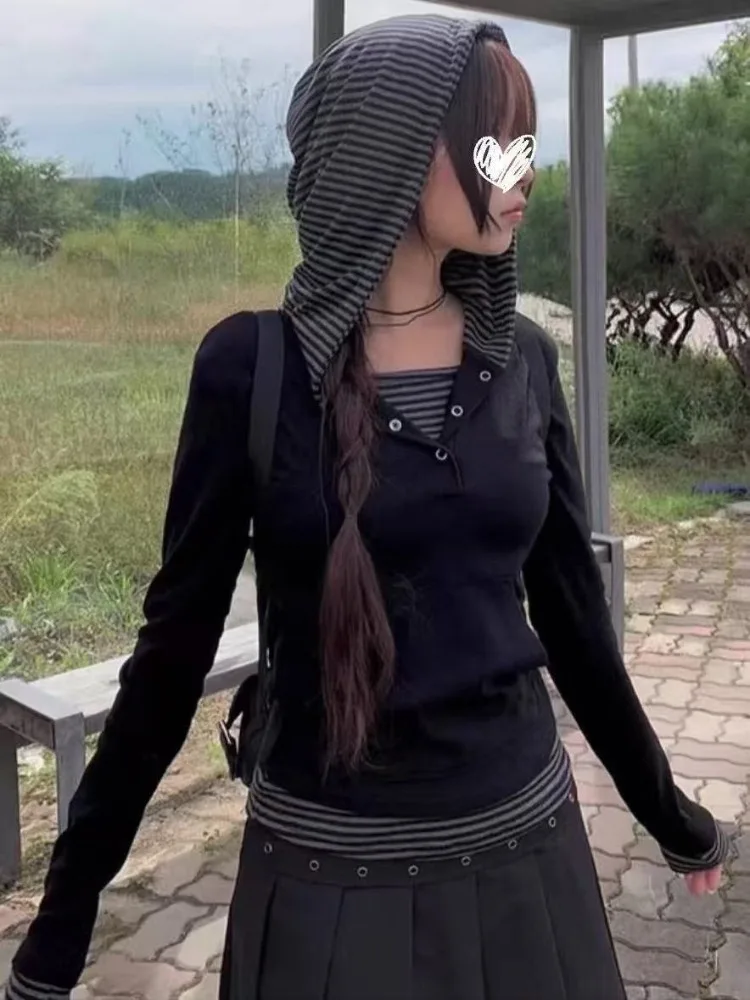 Koszulka w stylu koreańskim INS z paskami i patchworkiem, zapinana na guziki, z kapturem, z długim rękawem, damska, nowa kolekcja jesień-zima, casualowa, dopasowana.
