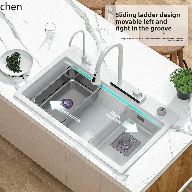 HTT Quartz Stone Sink Raindance Waterfall Large Single Sink Kitchen Household Cream Style Dishwashing Sink