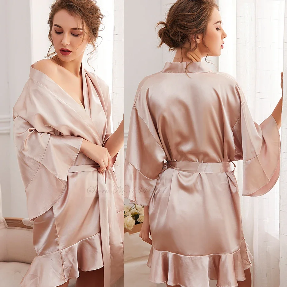 

Bride Bridesmaid Wedding Robe Spring Summer New Female Kimono Bathrobe Gown Nightdress Sexy Satin Ruffle Home Dress Lounge Wear