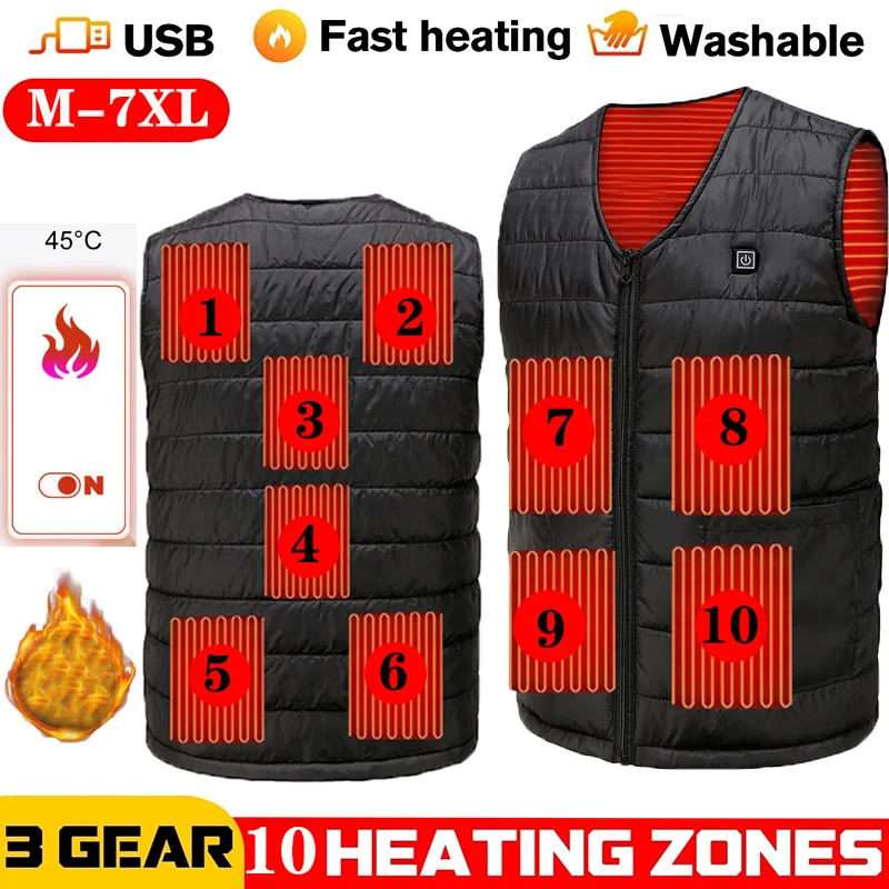 10 Heated Zone USB Electric Heating Vest Thermal Heated Jacket Sleeveless 3 Temperatures Winter Outdoor Hunting Warm