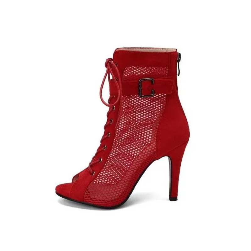 Women Boots Sandals Sexy Hollow Out Mesh Peep Toe Summer Sandals Sexy Cut-outs Gladiator Stiletto Lace-up High Heels Red Party