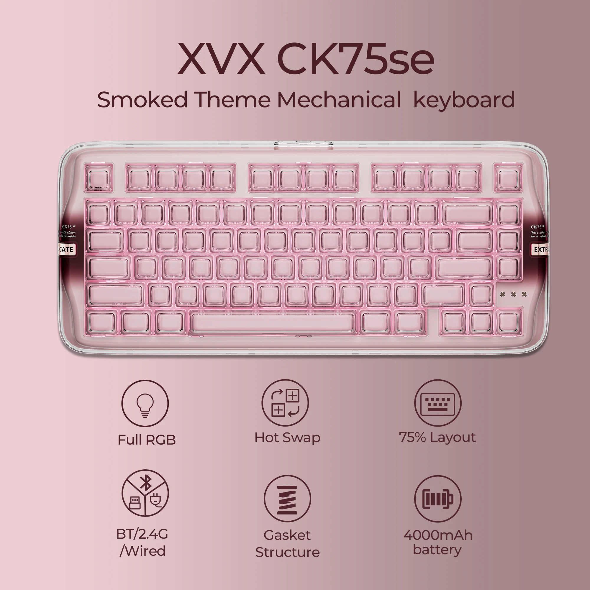 XVX CK75 SE Smoked Theme Mechanical Keyboard 75% Tri-Mode Crystal Jelly Acrylic Pink Frame Keyboard Full RGB for Gaming