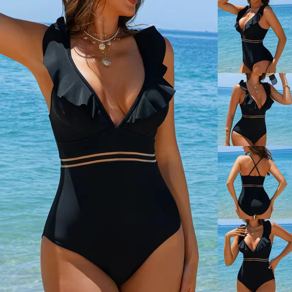 

Womens One Piece Swimsuit Lady Girls V Neck Color Block Print Swimsuits Ruffled Sexy Elastic Swimwear Women'S Bikinis Tankinis