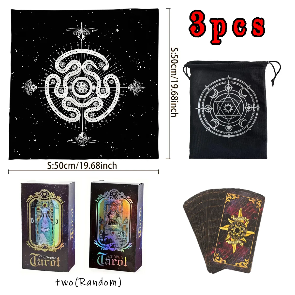 Lot de 3 : Jeu de cartes de tarot Hécate (3 roues), 1 jeu de 78 cartes de tarot Reine, 1 nappe de tarot, 1 sac de rangement – Outils de divination, Décoration de dortoir