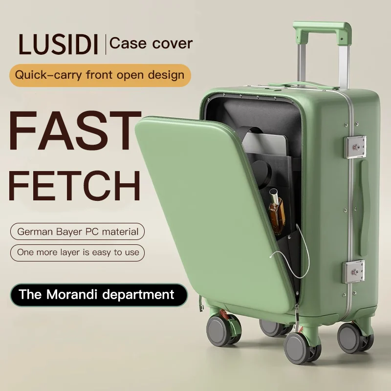 SUSHIMU Front Laptop Pocket Suitcase Wide Handle Travel Suitcase 20\'\'Carry-On Luggage Women PC Aluminum Frame Trolley Case 24\'\'