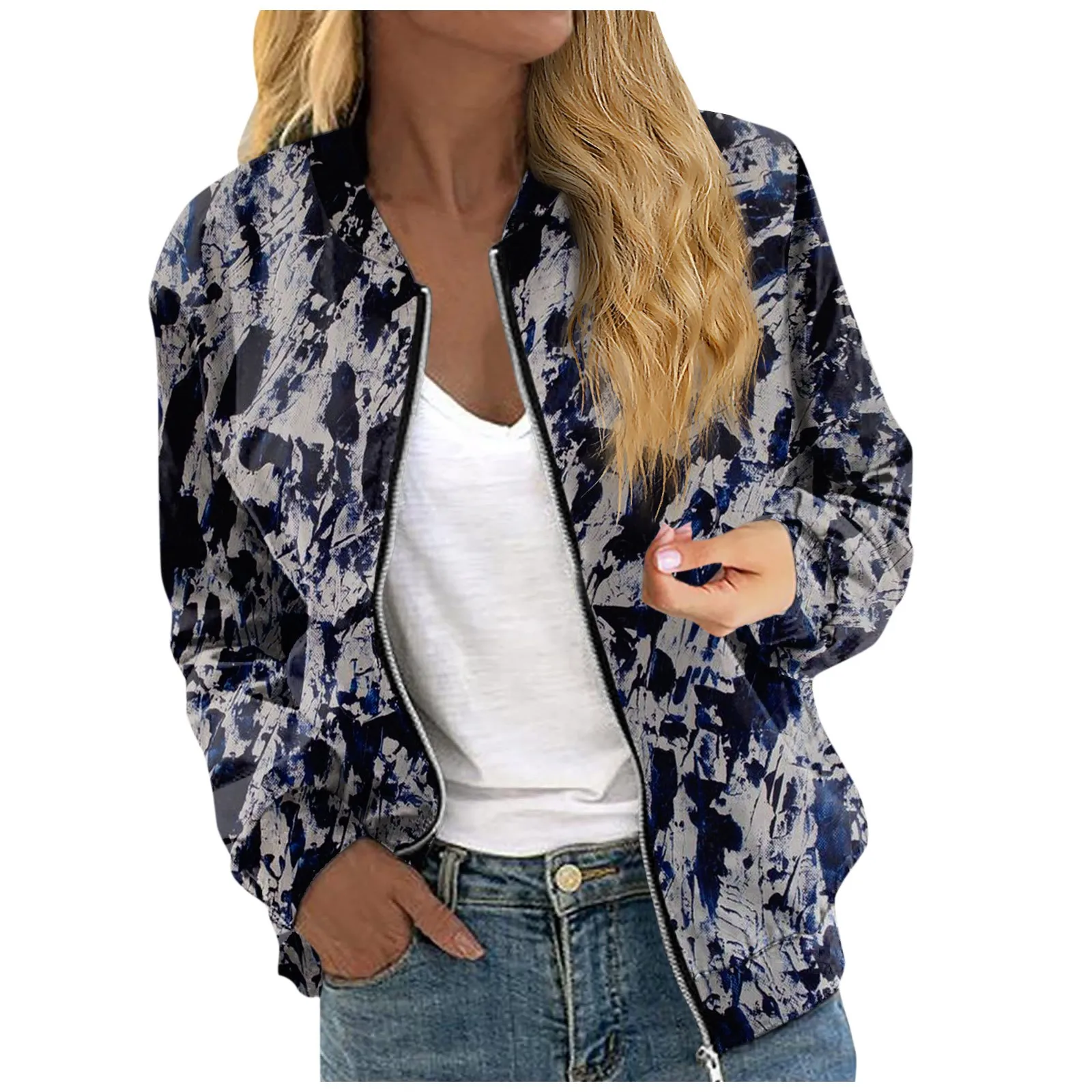 Chaquetas de manga larga con cremallera para mujer, prendas de vestir con estampado Vintage, informales, acolchadas, con bolsillos, 가을자켓