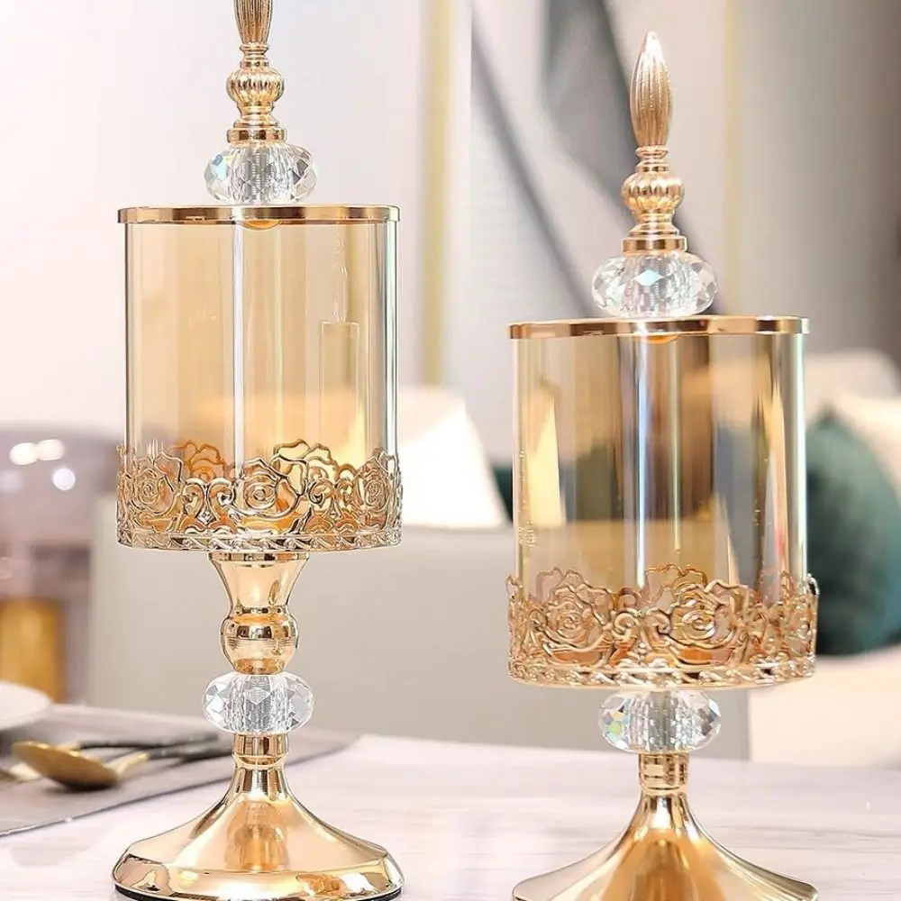 New European Crystal Glass Storage Jar with Lid Luxury Rose Candy Jar Desktop Ornaments High-footed Gold-plated Storage