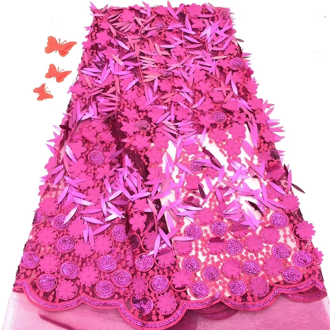 

Pink French Beads Lace Fabric High Quality African Tulle Embroidered flower transparent net Lace Fabric For Wedding RF36