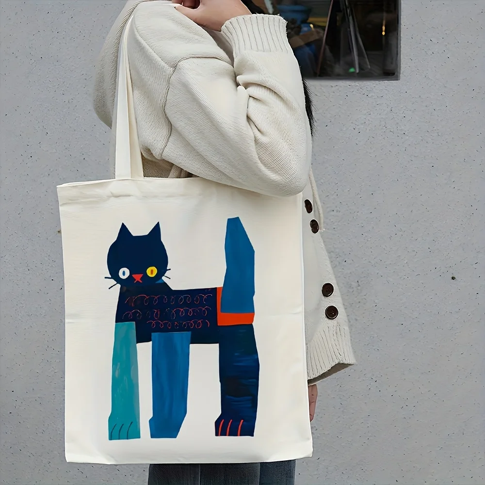 Funky Abstract Cat Art Print Tote Bag, Casual Canvas Shopper Bag for Daily Use