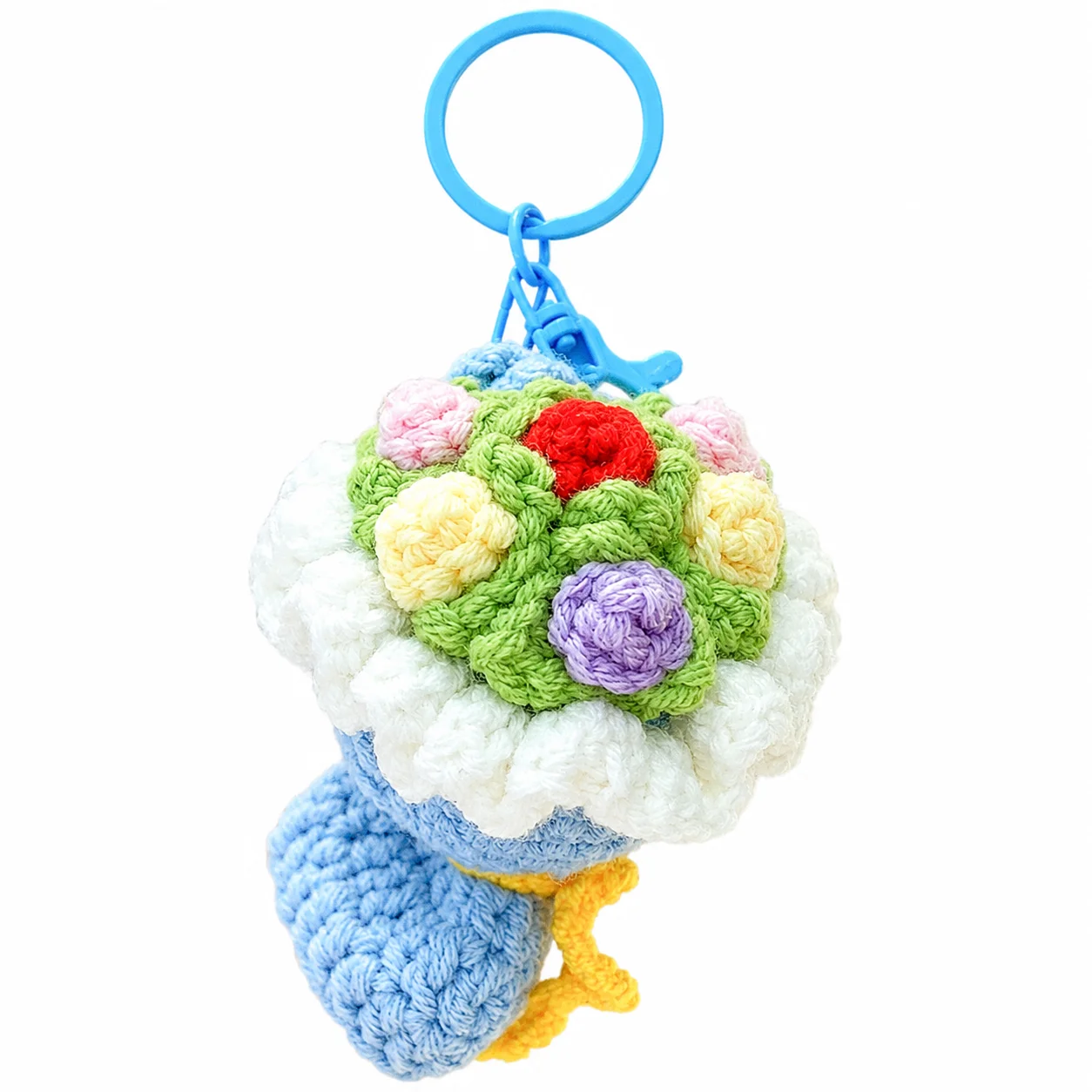 Handmade Crochet Flower Bouquet Keychain Cute Knitted Floral Bag Charm Colorful Pendant Key Ring Gift for Women Girls