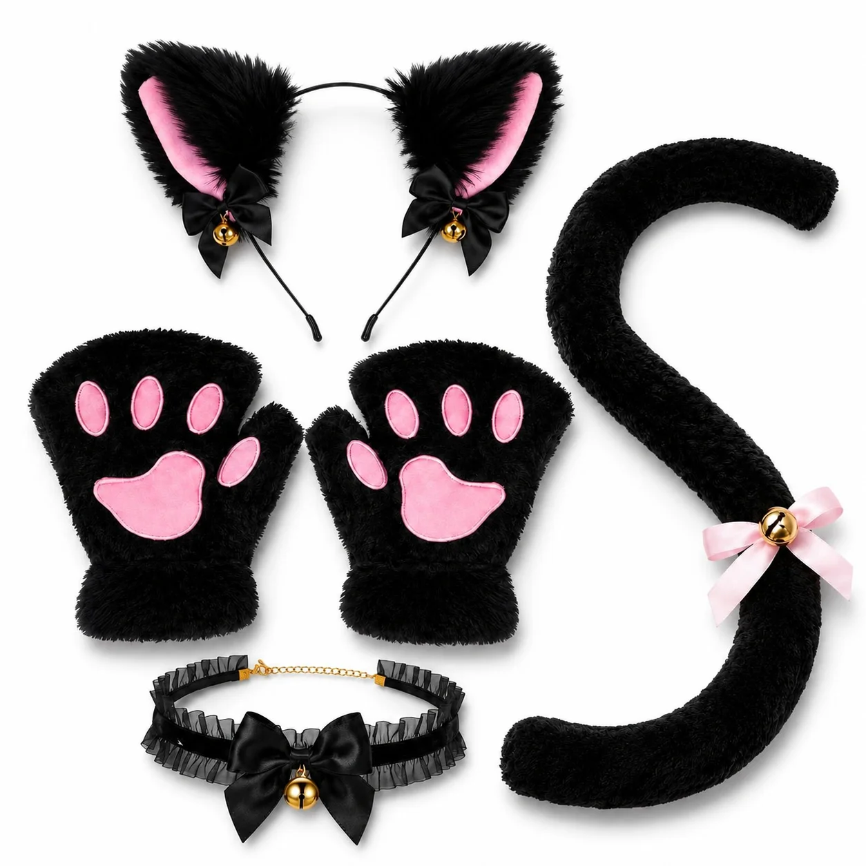 Halloween Cat Costume Accessory Set, Plush Ear Headband, Paw Gloves, Bell Choker & Tail, Black/Pink Cosplay Party Outfit