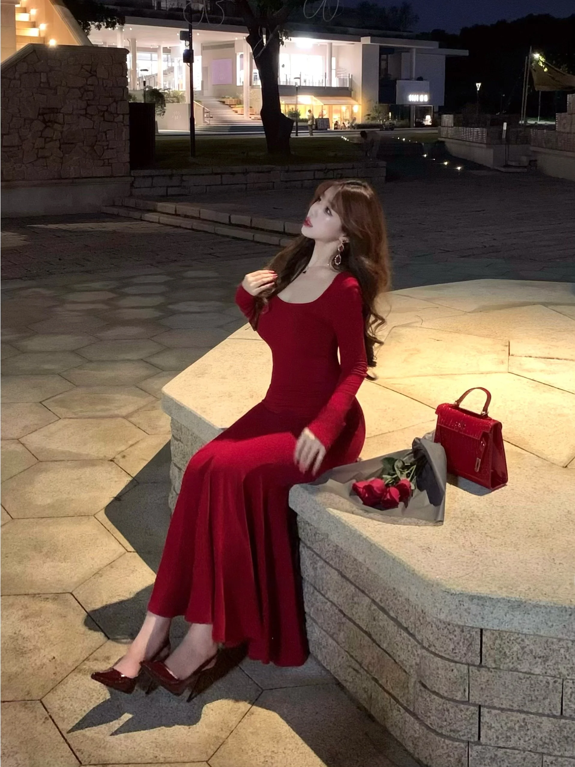 

Charming Red Bodycon Dr with Square Collar for Women Ele Fi Tail Gown for Autumn Winter Formal Ocns Polyester F...