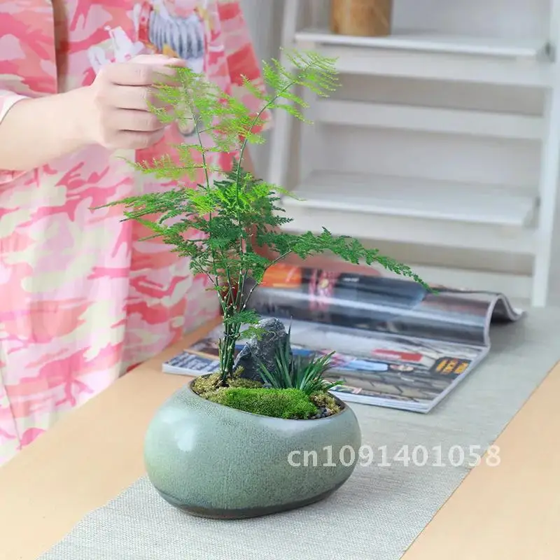 Retro Ceramic Flower Pot Creative Desktop Home Succulent Green Planted Bamboo Potted Utensils Chinese Pastoral