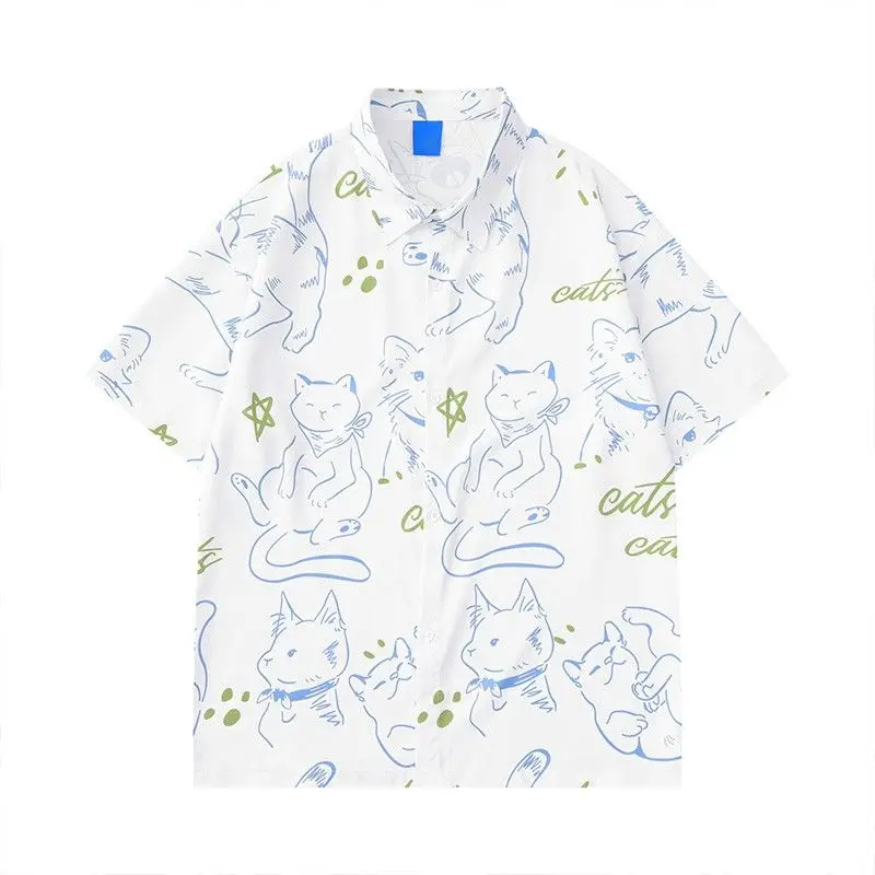 Nowa męska japońska ulica kot kreskówkowy koszula z krótkim rękawem dla mężczyzn i kobiet retro luźna para wszechstronna koszula z półrękawem y2k