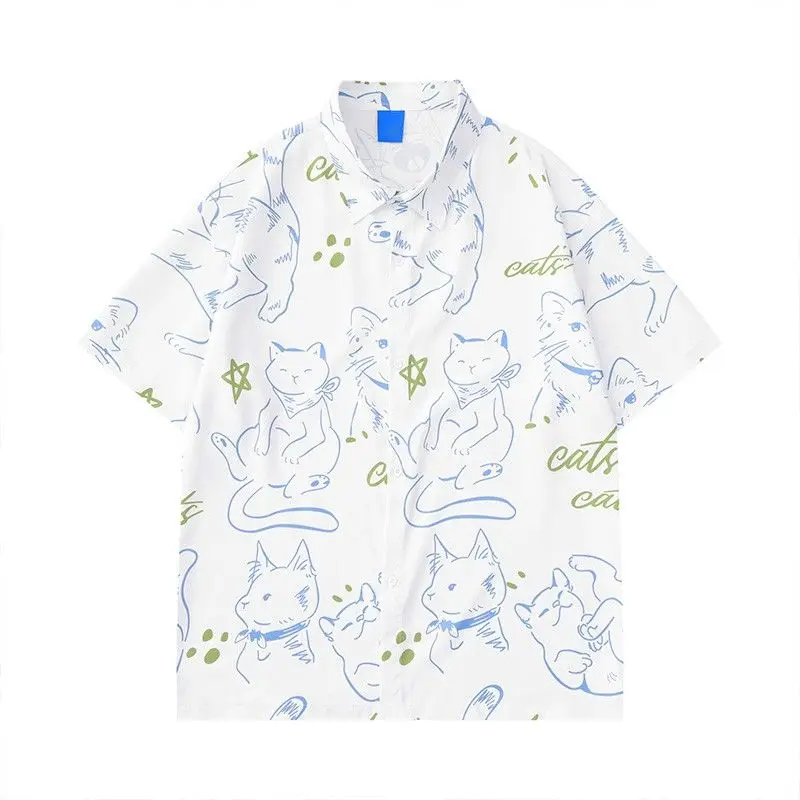 New men Japanese street cartoon cat short sleeved shirt for men and women retro loose couple versatile half sleeved shirt y2k