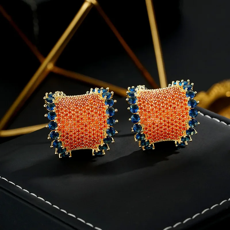 Luxurious heavy-duty orange arched colored gemstone large earrings, 925 silver needle, new high-end socialite-style earrings