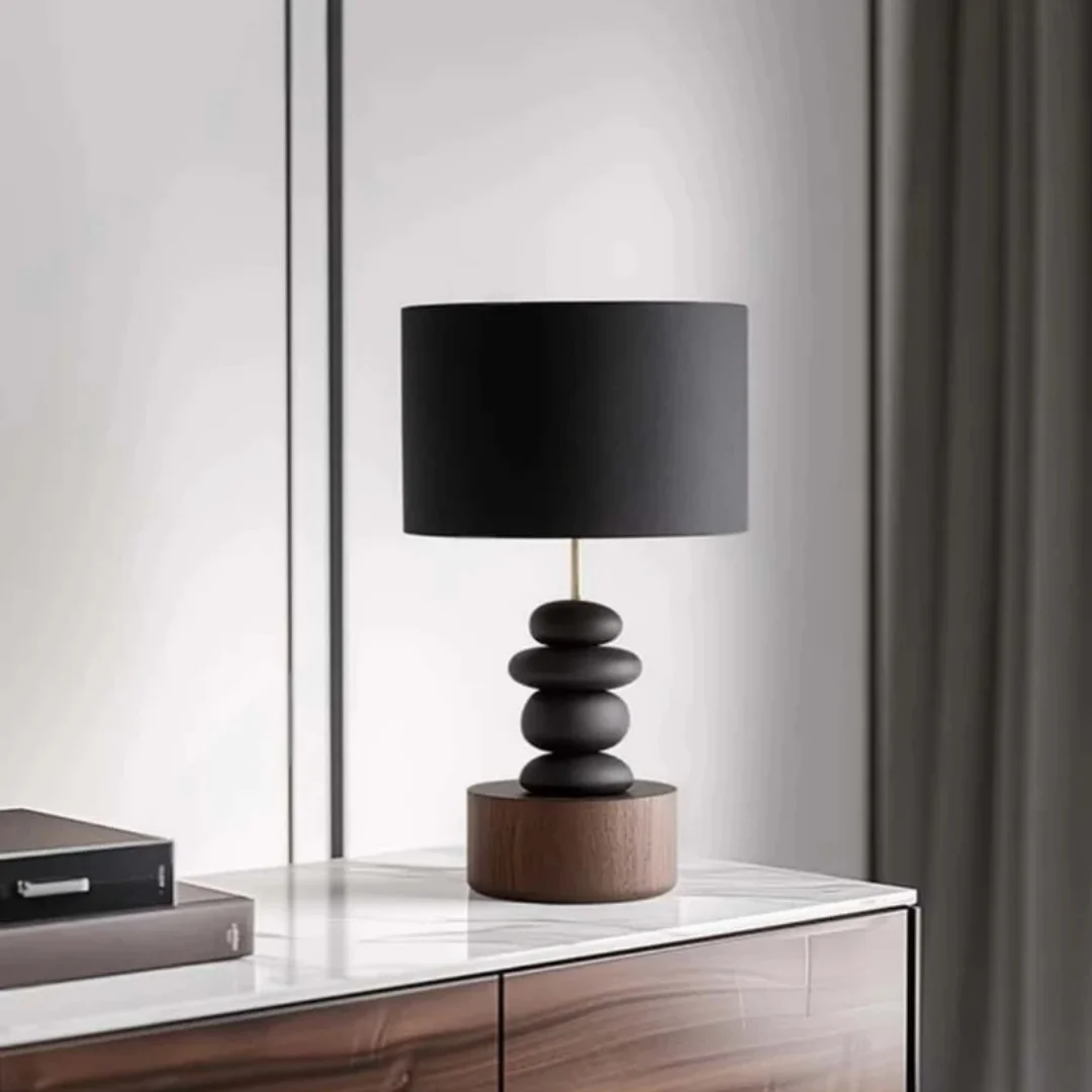 Layered Black Balance Stone Decoration Piece Cherry Wood Round Base, Modern Style Bedroom Or Study Wooden Handmade Decoration