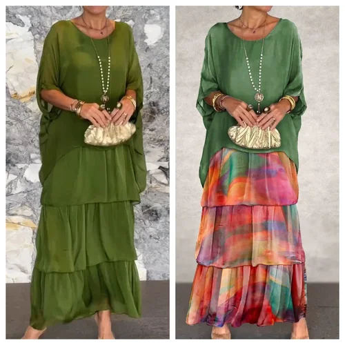 Vestido de viajero de Color sólido con cuello redondo, elegante e informal, con borde con volantes en capas, vestido de fiesta con manga de murciélago, vestido de gasa para vacaciones en la playa