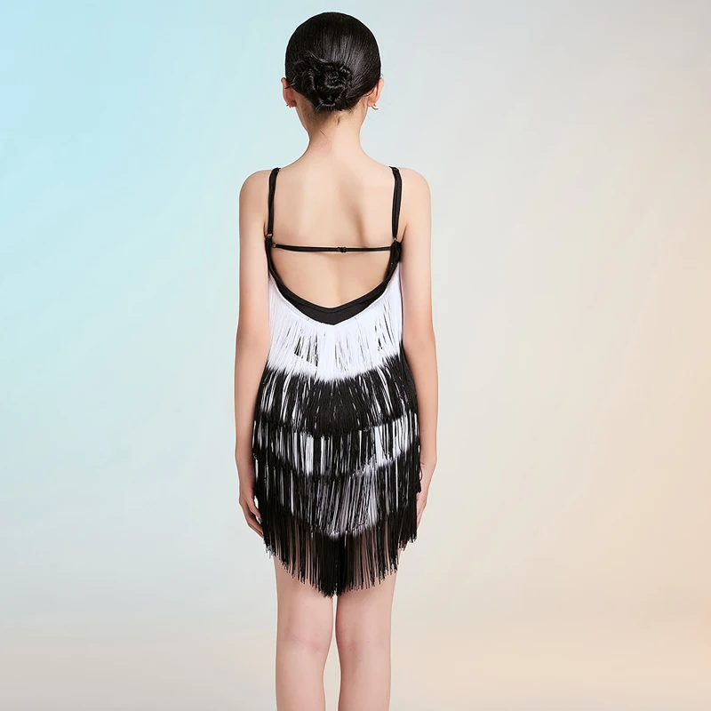 그라데이션 색상 풀 프린지 드레스 소녀 라틴 댄스 전문 드레스 어린이 볼룸 댄스 공연 의상 SL14811