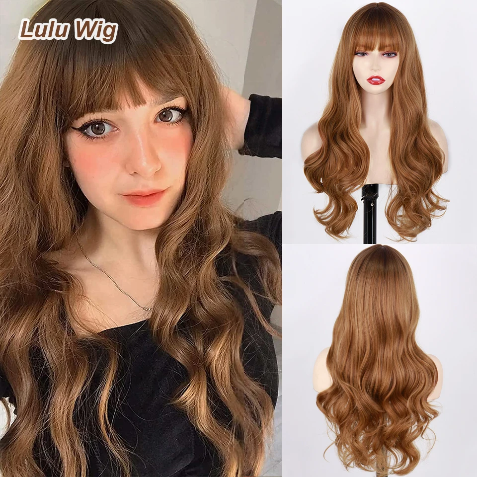 Long Synthetic brown wig with bangs light brown wavy wig long wave wig ladies gradient brown to golden wig long natural wave