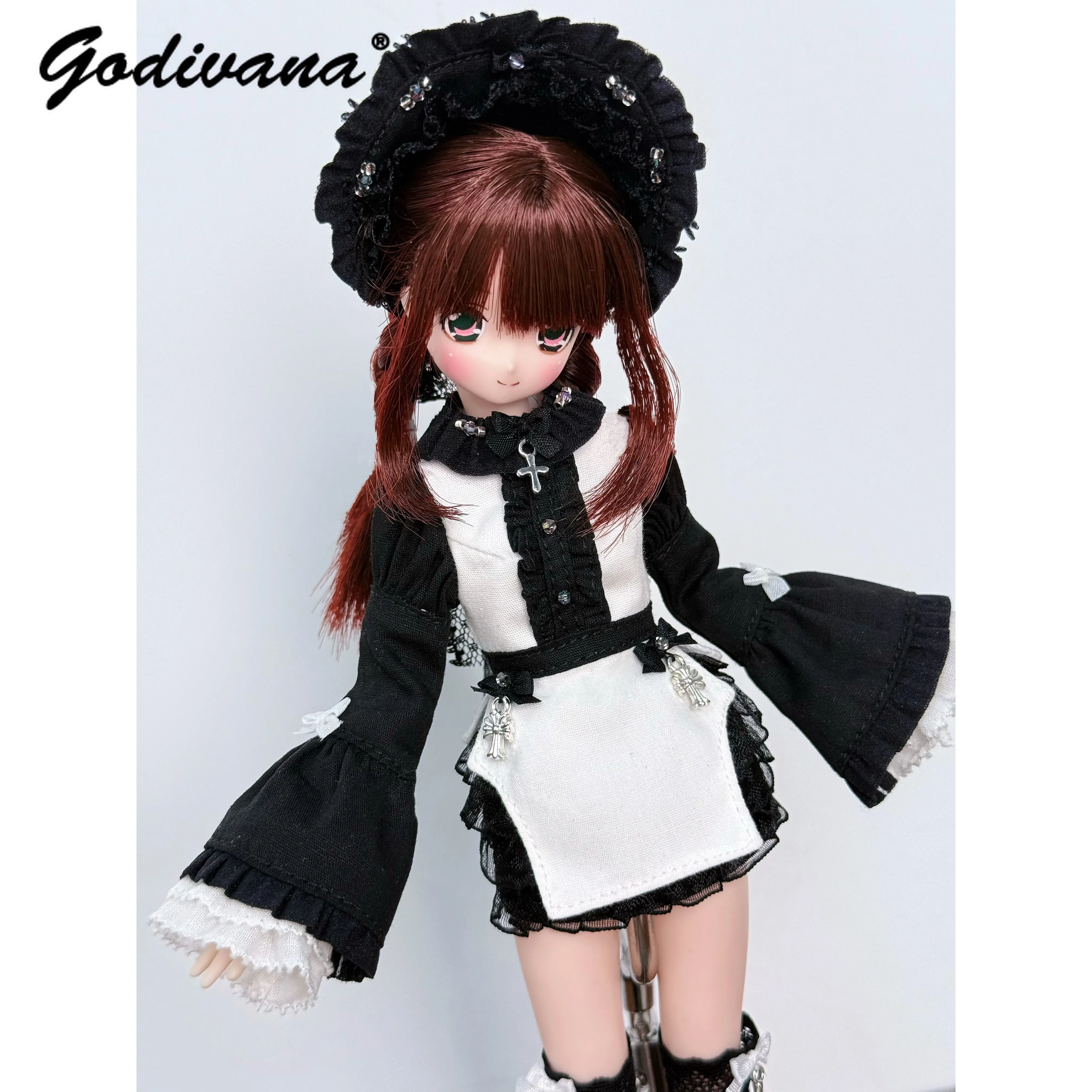 Azone S/M Ob22 Special 6 Minty Nun Suit Gothic Black White Flare Long Sleeve Dress and Lace Layered Skirt with Headband Socks
