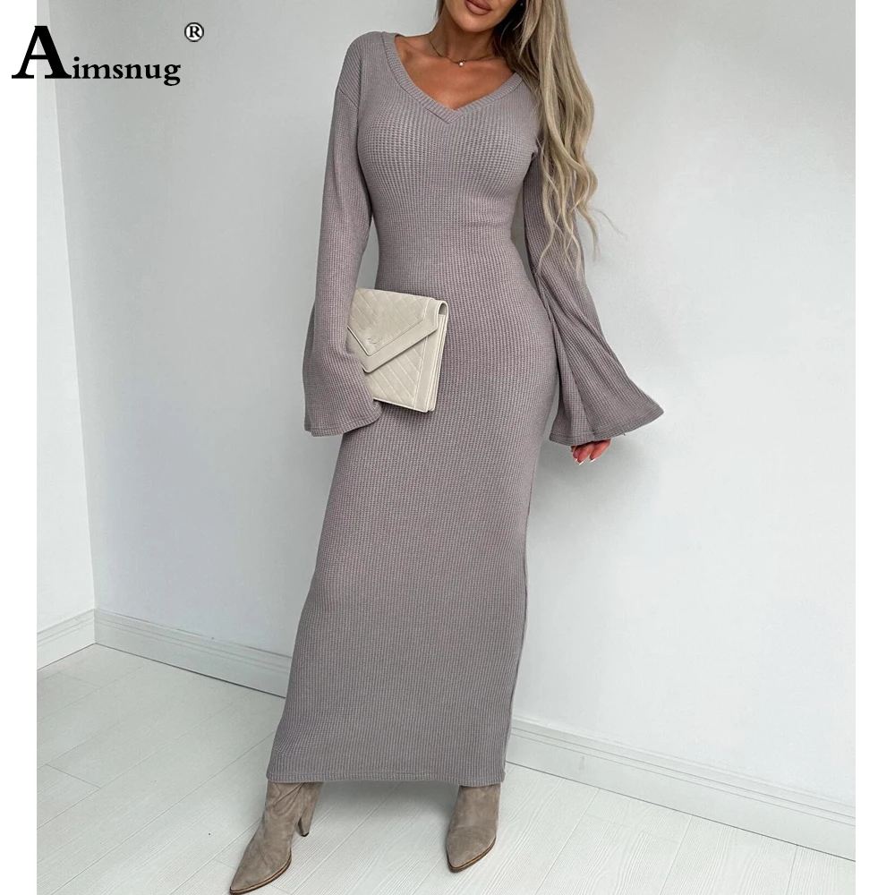 

Women Elegant Long Knitting Party Dresses 2023 New Autumn Flare Sleeve Maxi Dress Vintage Bodycon Ladies High Waist Sheath Dress